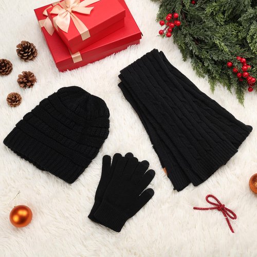 Ultrafun Womens Winter Beanie Hat Scarf Gloves Set, Satin Lined Slouchy Beanie Knit Scarf Touchscreen Gloves, Warm 3 Gift Set (Black)
