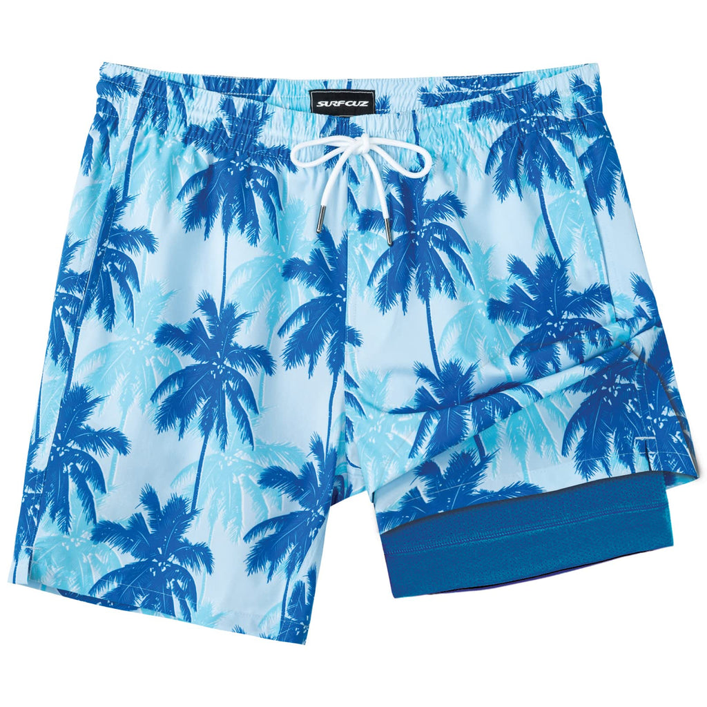SURF CUZ Mens Swim Trunks with Compression Liner Quick Dry Swim Shorts 7" Swimming Trunks Stretch Zipper Pockets Blue Palm Tree Small