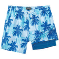 SURF CUZ Mens Swim Trunks with Compression Liner Quick Dry Swim Shorts 7" Swimming Trunks Stretch Zipper Pockets Blue Palm Tree Small