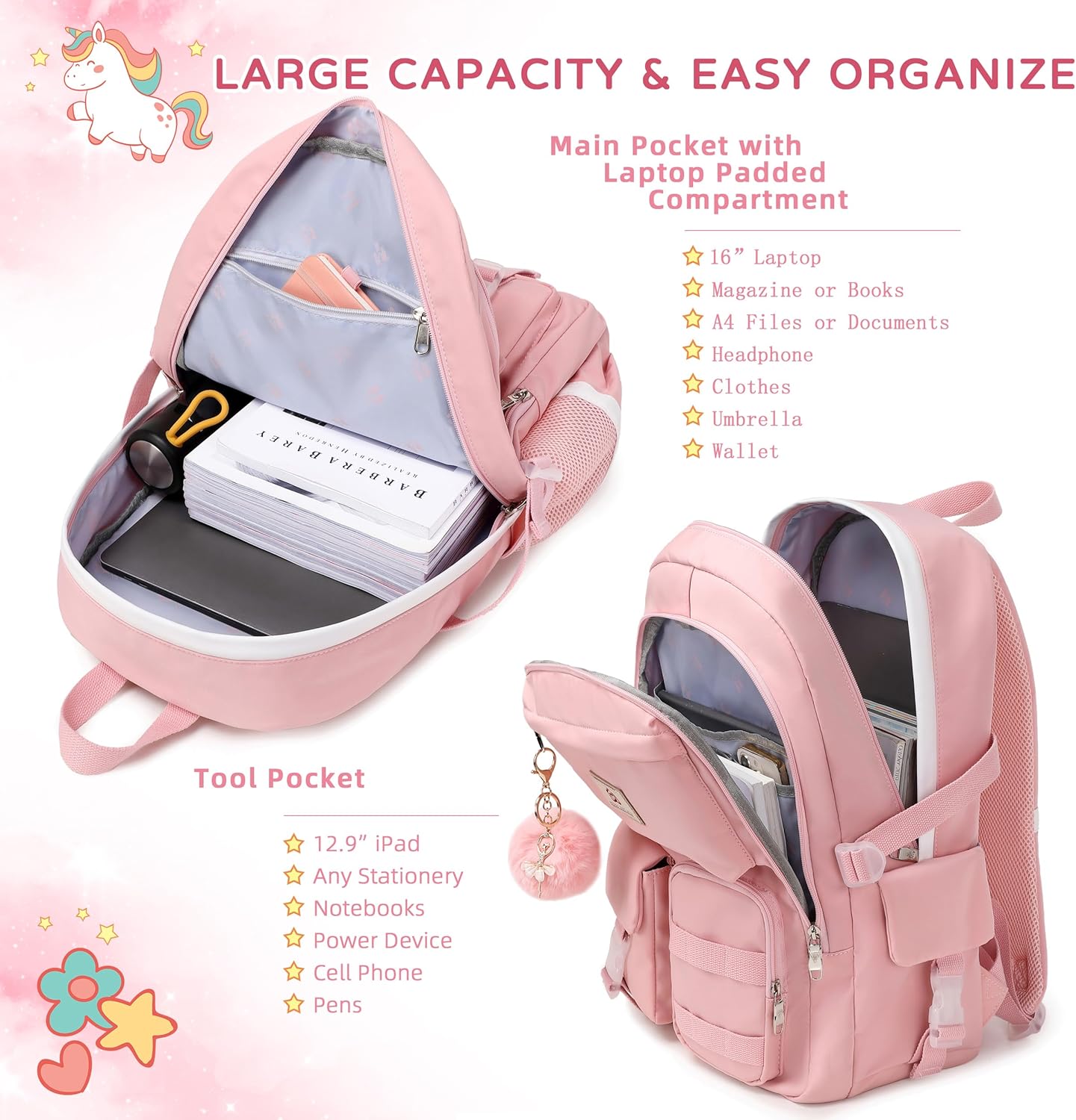 Skiennix Girls Laptop Backpack - Cute Anti-Theft Daypack for School | 15.6 Inch - Pink