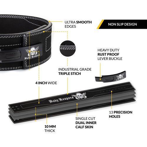 Body Reapers Weightlifting Belt 10mm Thick, 4-Inch Wide Calfskin Leather Weight Belt with Adjustable Metal Buckle Offers Back Support for Powerlifting, Squats, Gym & Fitness Training for Men & Women