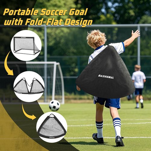 BaseGoal Soccer Goals - Portable 4x3ft Pop-Up Soccer Nets for Kids | Set of 2 with Accessories