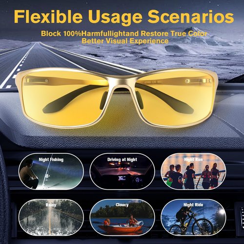 BIRCEN Night Vision Glasses for Driving: Al-Mg Metal Yellow Anti-Glare Night Glasses Reduce Eye Strain for Drivers Rain Snow