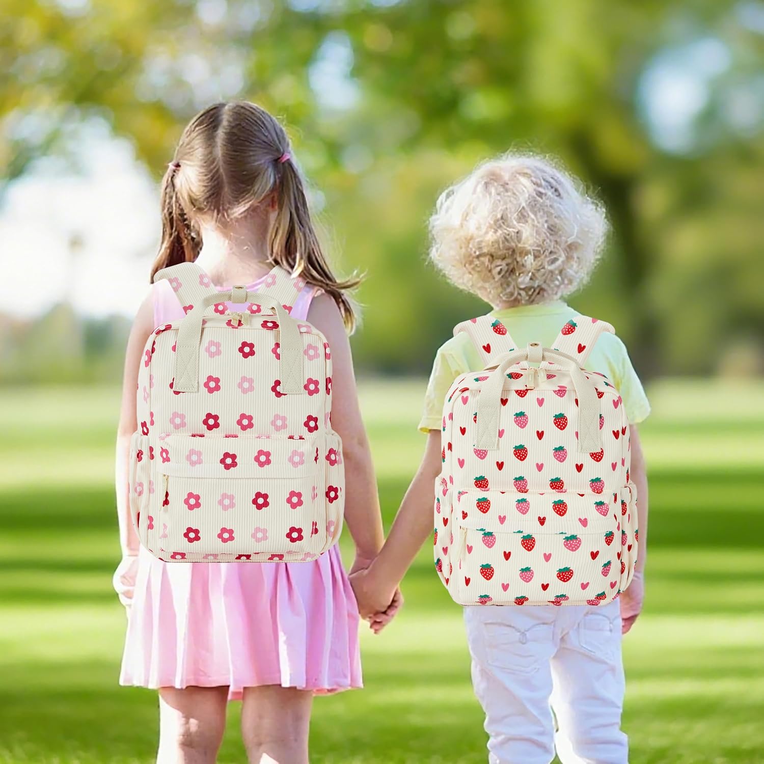 Skiennix Mini Corduroy Toddler Backpack - Lightweight Floral Beige Bookbag for Preschool Kids 13" H