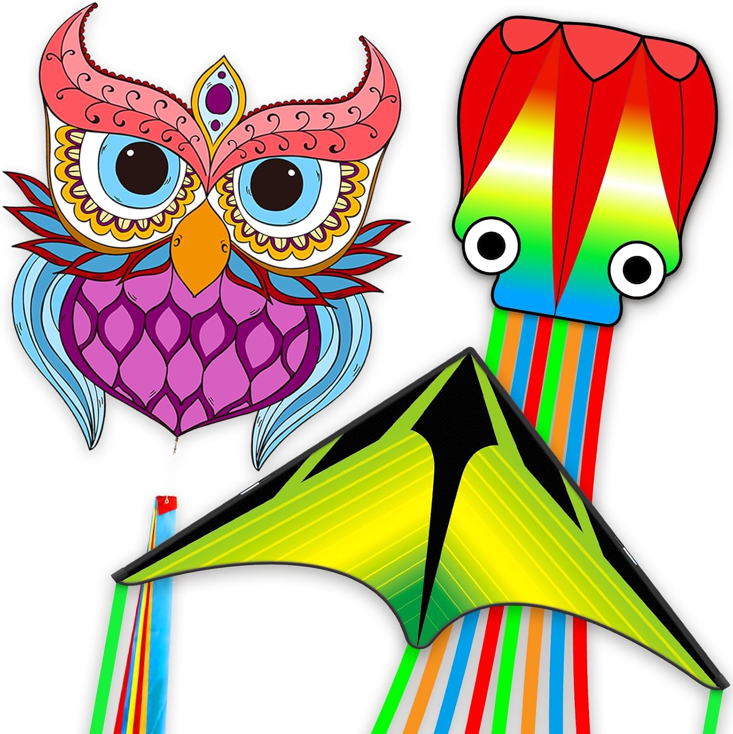 Skiennix Kites for Kids & Adults - Easy to Fly Beach Kites with 328ft String | Fun Gift for Ages 4-8 (Purple Owl, Grassland, Octopus)