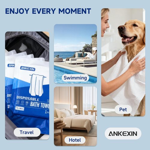ANKEXIN Disposable Bath Towels 6 Pack, 55" x 27.5" Thick Large Travel Towels Sets, Individually Wrapped, Portable Towels for Travel, Spa, Camping, Hotel Use