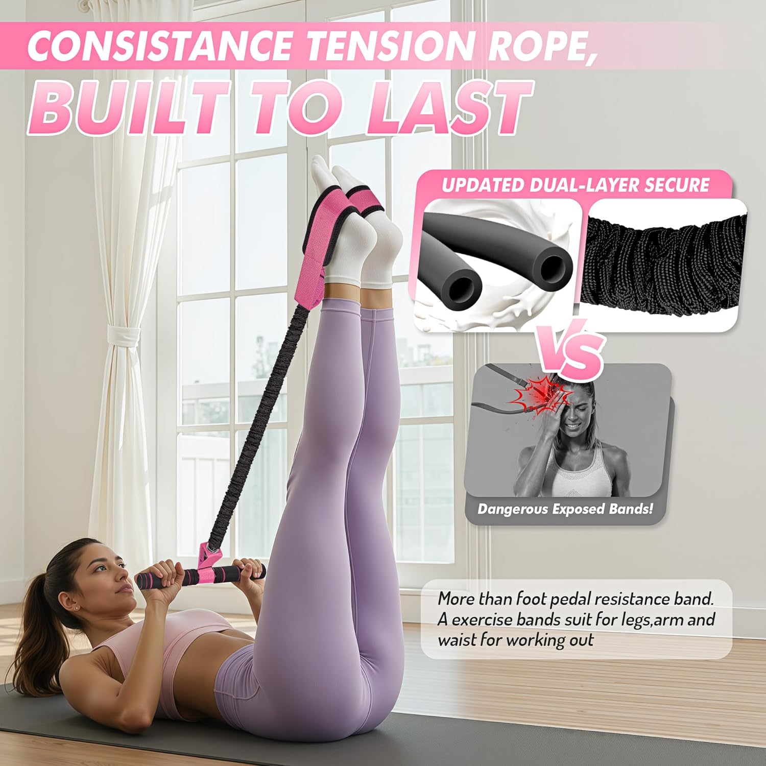 Pedal Resistance Band with Handle - Upgraded 55LBS Exercise Bands for Core, Abs, Legs, and Arms