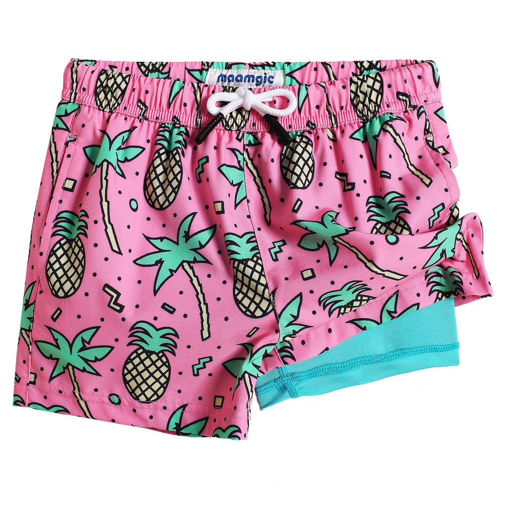 maamgic Boys Swim Trunks with Compression Liner Toddler Stretch Swim Shorts Quick Dry Swimming Trunks Boxer Brief 2 in 1 Beach Shorts Rose Coconut 2T
