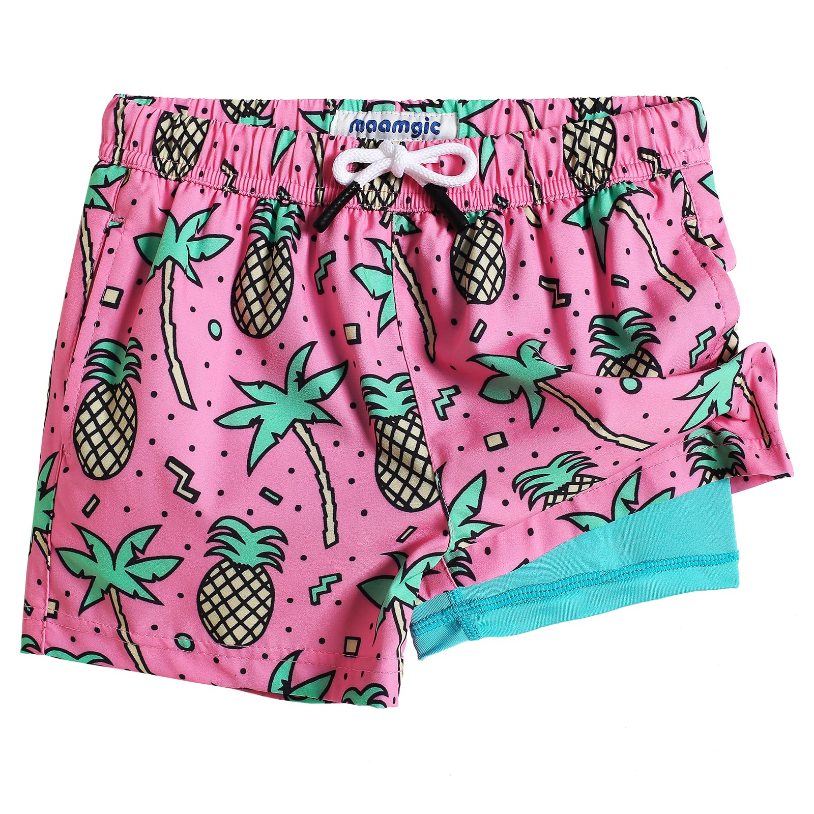 maamgic Boys Swim Trunks with Compression Liner Toddler Stretch Swim Shorts Quick Dry Swimming Trunks Boxer Brief 2 in 1 Beach Shorts Rose Coconut 2T
