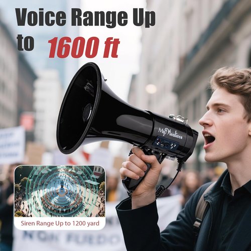 MyMealivos 50W Bluetooth Megaphone - Rechargeable Bullhorn with Siren & 240s Recording | 1600ft Range for Sports & Emergencies