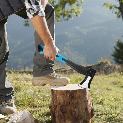 Splitting Axe, 15” Camping Outdoor Hatchet for Wood Splitting and Kindling, Forged Carbon Steel Heat Treated Hand Maul Tool, Fiberglass Shock Reduction Handle, Blue
