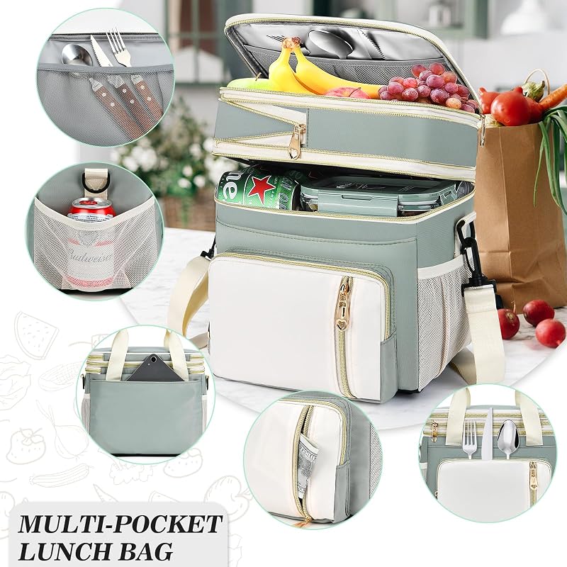 Expandable 16L Insulated Lunch Bag for Women - Double Deck Leakproof Cooler Tote (Olive Green)