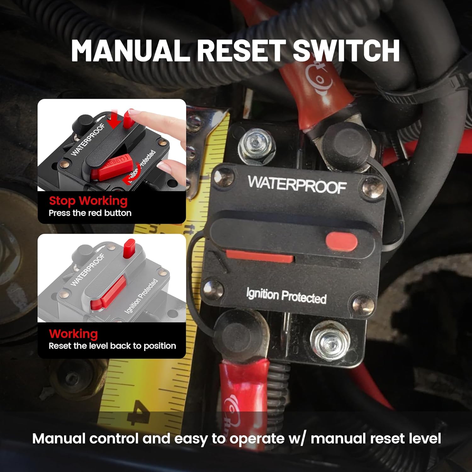 RED WOLF Waterproof 100Amp Circuit Breaker - Inline Fuse with Manual Reset for Marine & ATV 12V-48V DC