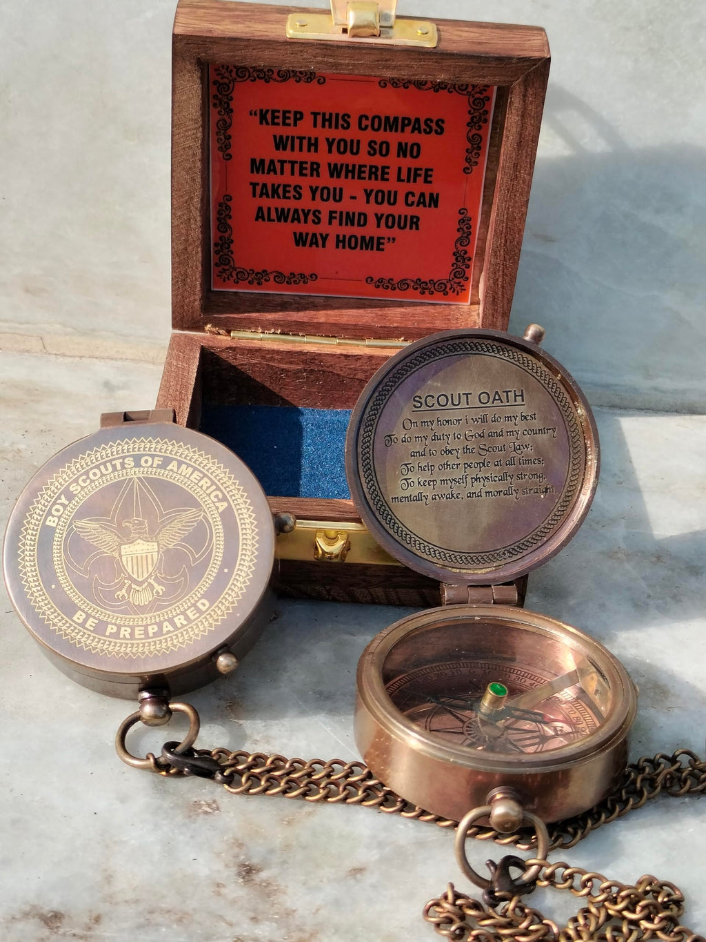 SAYRA NAUTICALSS Personalized Brass Compass | Vintage Brass BOY Scout Oath Compass Personalized Compass with Woooden Box