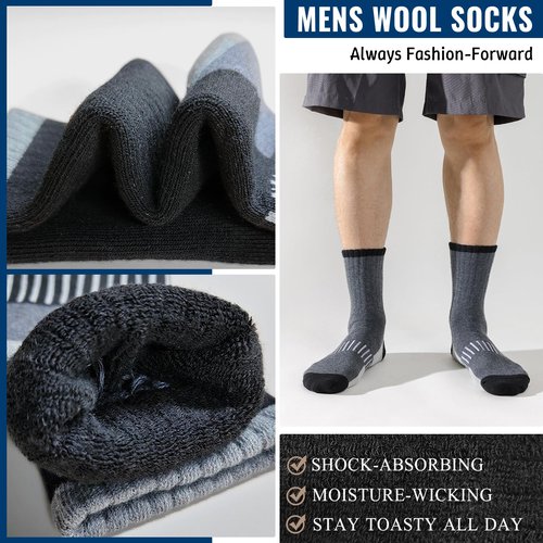 Josnown Thermal Hiking Socks Men 5 Pairs Warm Winter Thick Cushion Moisture Wicking Crew Boot Socks for Men, Size 7-12