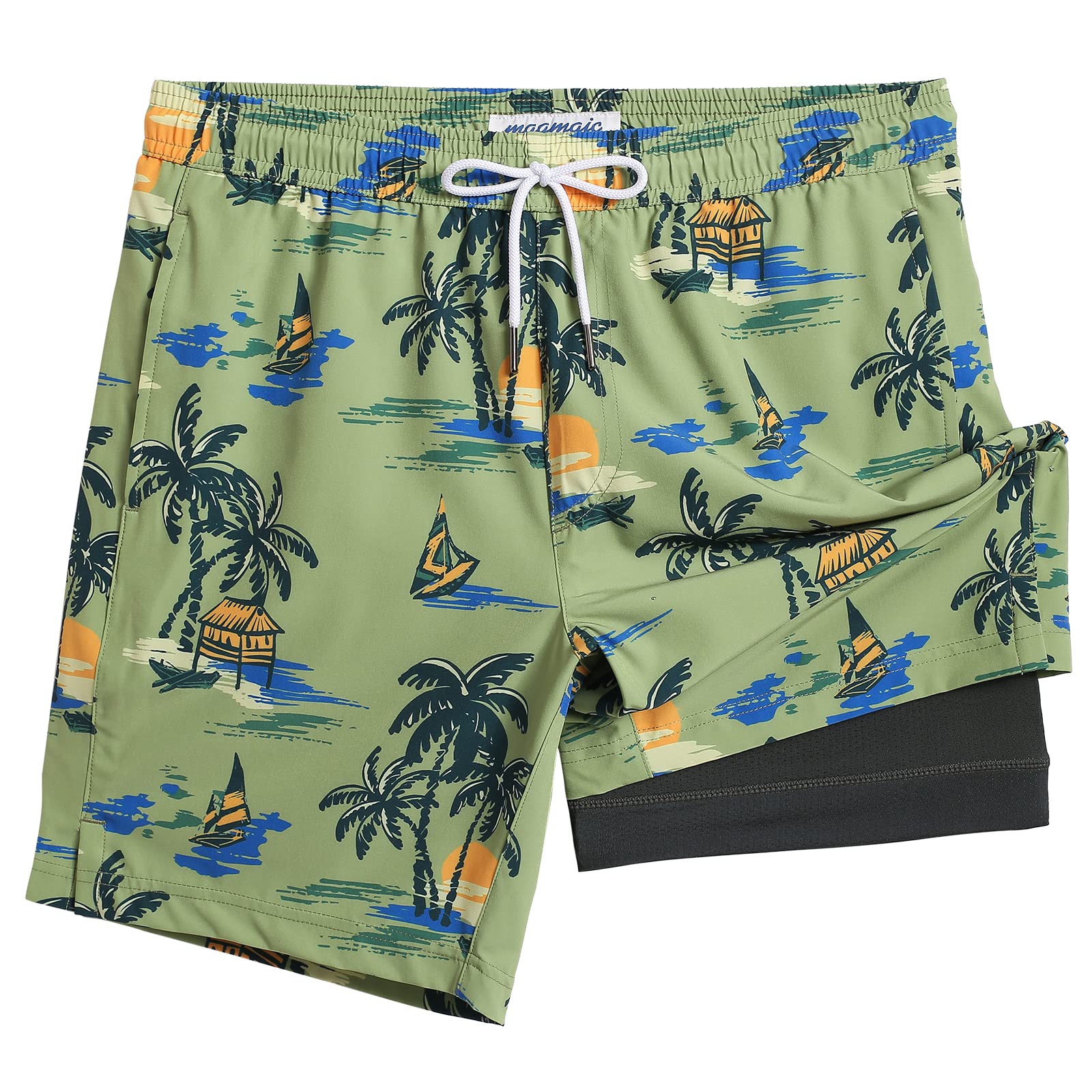 maamgic Mens Swim Trunks with Compression Liner 7 Inch Inseam Mens Bathing Suit Quick Dry Swimming Trunks Swimsuit Plamtree Green Small