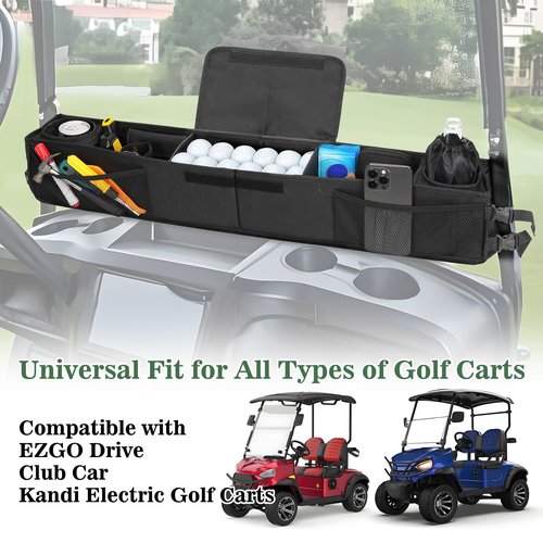 Adjustable Golf Cart Front Storage Basket with Insulated Cup Holders, No Drilling Golf Cart Organizer Bag Golf Cart Inner Storage Tray Universal Compatible with EZGO Club Car Drive Kandi Yamaha