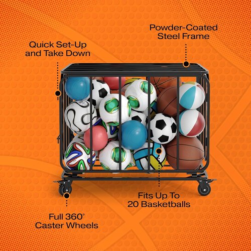 Houseables Ball Cart - Sports Equipment Organizer with Wheels | Large Metal Basketball & Volleyball Storage Bin