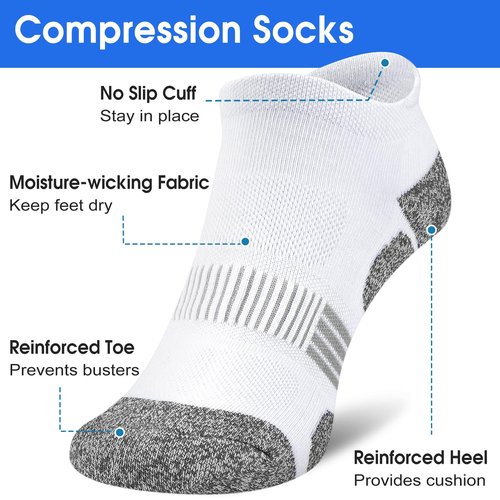 THATISHE White Compression Running Socks for Women Thick Cushioned Ankle Athletic Low Cut Gift Socks 6 Pairs - White