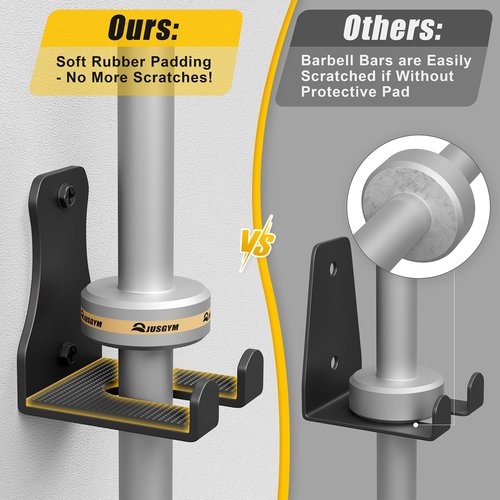 Jusgym Barbell Holder Wall Mount, Durable Olympic Barbell Hanger with Protective Pad, Space Saving Barbell Holder for Squat Rack, Home Gym and Garage, Holds Under 33mm Bar Size (2 Pieces)
