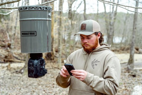 Moultrie 40lb All-in-One Directional Hanging Deer Feeder - 40lb Capacity - Metal Hopper Fish Feeder - Digital Timer with 4 Daily Feeds - Moultrie Connect Bluetooth