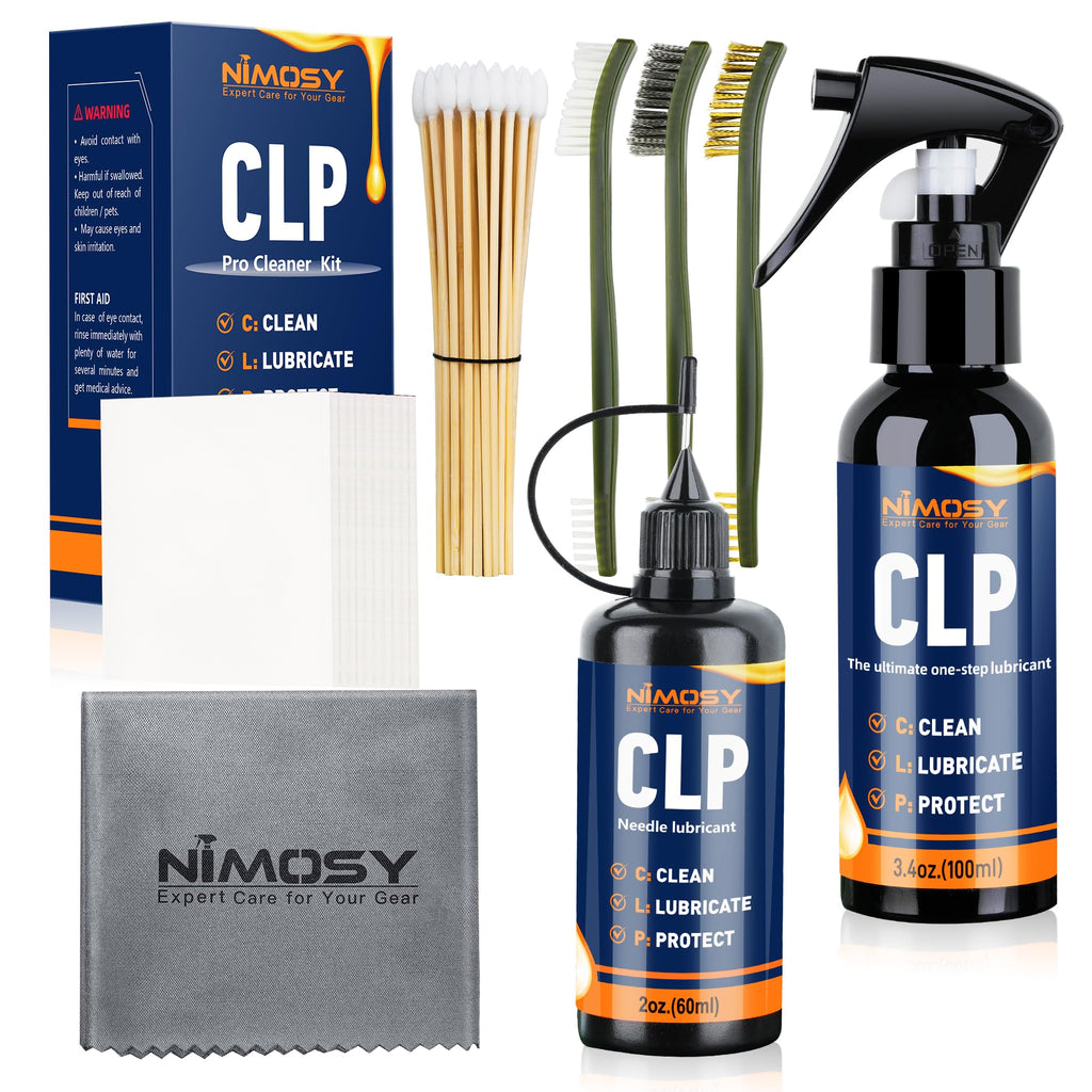 NIMOSY CLP Gun Cleaning Oil Kit-Includes 3.4oz Gun Oil 2oz Needle Lubricant, Gun Brushes Reusable Cloth Swabs and Patches,Gun Accessories Cleaner for Rifle Pistol Firearm Maintenance Gifts for Men