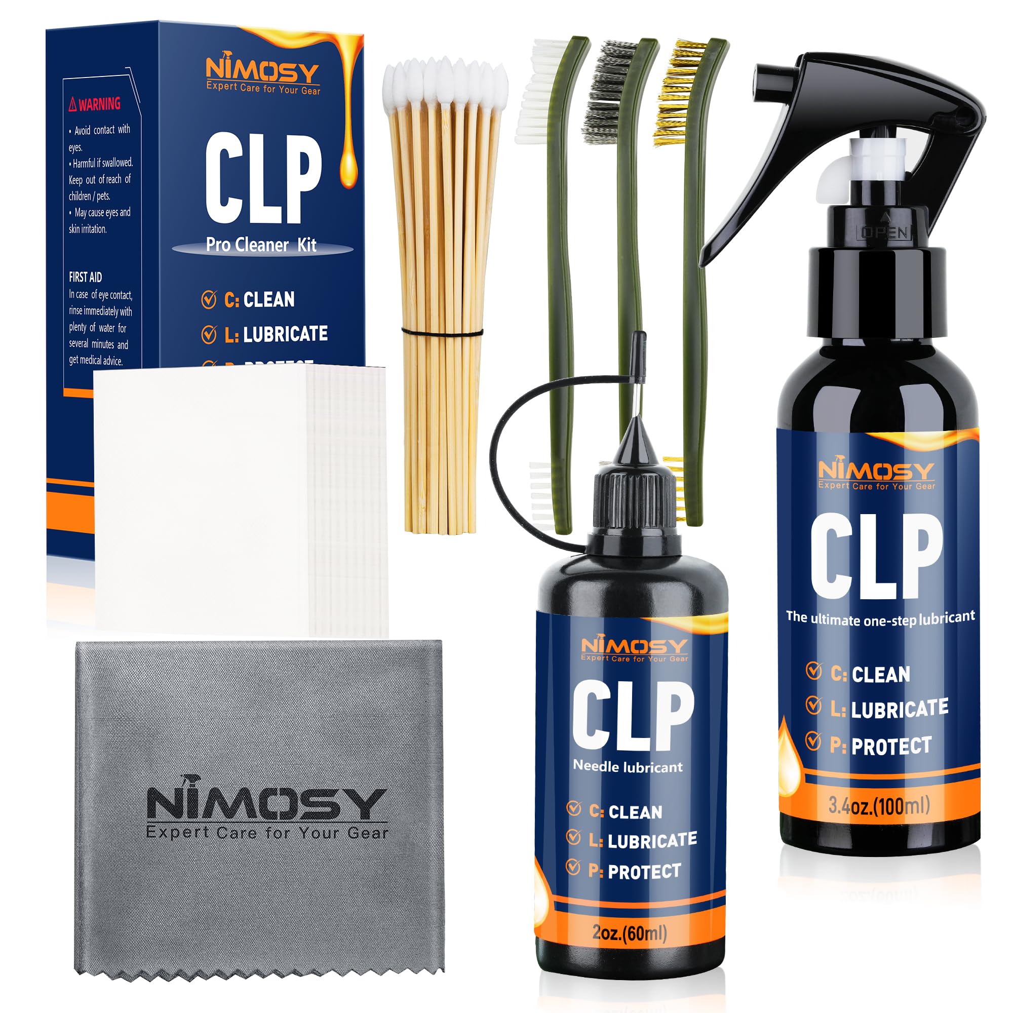 NIMOSY CLP Gun Cleaning Oil Kit-Includes 3.4oz Gun Oil 2oz Needle Lubricant, Gun Brushes Reusable Cloth Swabs and Patches,Gun Accessories Cleaner for Rifle Pistol Firearm Maintenance Gifts for Men