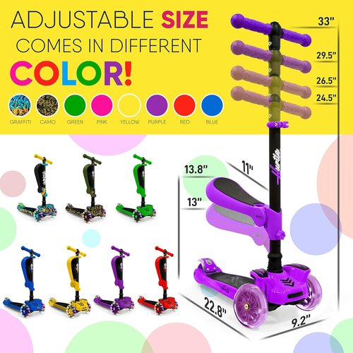 Hurtle 3-Wheeled Kids Scooter - LED Wheel Lights, Adjustable Handlebar, Foldable Seat | Sit or Stand Ride for Ages 1-14