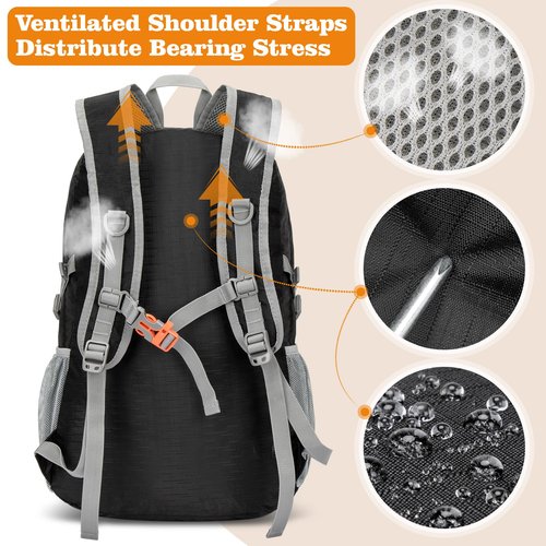 ZOMAKE Lightweight Packable Backpack 30L, Foldable Hiking Backpacks Water Resistant Compact Folding Daypack for Travel(Pure Black)