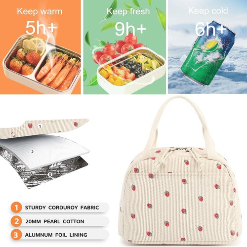 Bluboon Insulated Lunch Bag - Cute Corduroy Tote for Work, Picnic, or Travel | Large Capacity Reusable Cooler