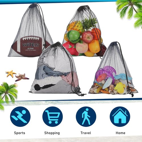 LEIFIDE Mesh Drawstring Bags - 6 Pcs Scalloped Design, 13 x 15.5 Inch Nylon Net for Swimming & Sports