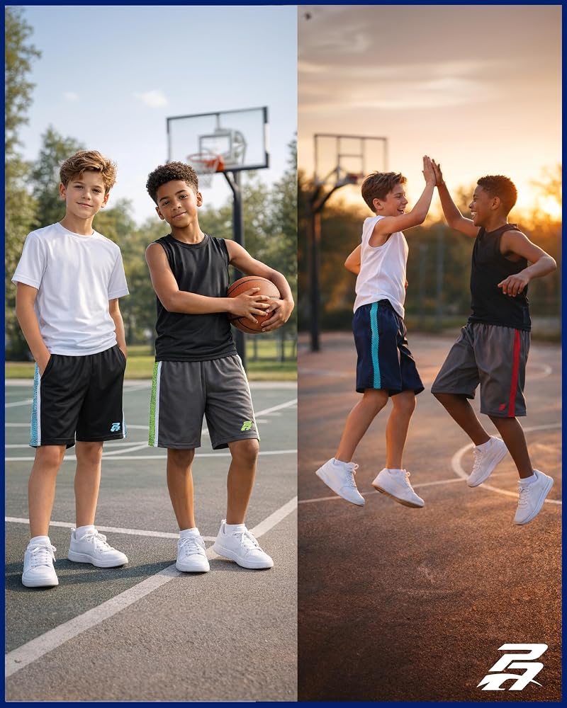 Pro Athlete Boys Athletic Shorts 2 Pack Quick Dry with Pockets - Black/Blue