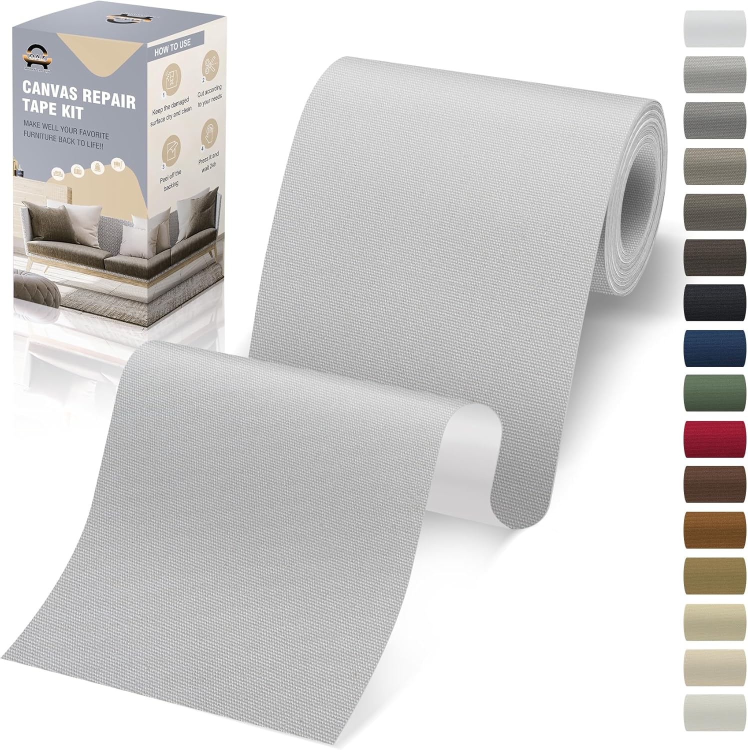 OAZ 4 x 79 inch Canvas Repair Patches Fabric Patch Self-Adhesive Canvas Repair Tape Waterproof Outdoor Gear Patch Kit for Boat Cover Awning Sofa Chair Couch Tent Bag (Light Gray)