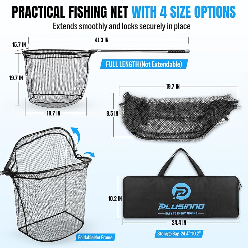 PLUSINNO 3.4 Ft Fixed Telescoping Fishing Net, Large Landing Net for Bass Trout Kayak Fishing