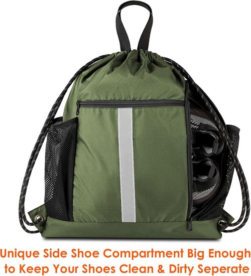 BeeGreen Moss Green Drawstring Bag - Heavy-Duty Cinch Sack with Shoe Compartment & Mesh Pockets
