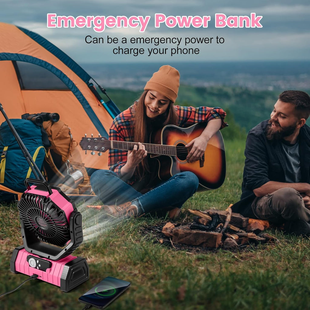 Odoland 30000mAh Camping Fan - Rechargeable LED Lantern & Oscillating Tent Fan | Portable with Remote, 4 Speeds, Pink