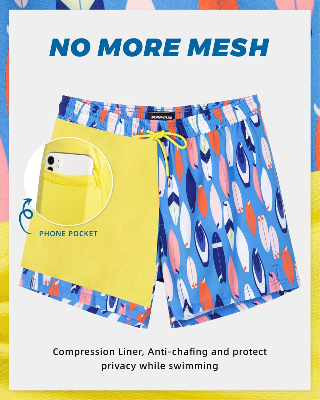 Surf Cuz Men's Swim Trunks - Quick Dry 5-Inch Bathing Suit with Compression Liner & Zipper Pockets