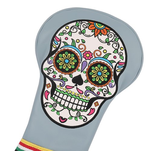 SHABIER Grey Golf Driver Headcover with Green Eyes Embroidery Sugar Skull Design for Golf Driver Club