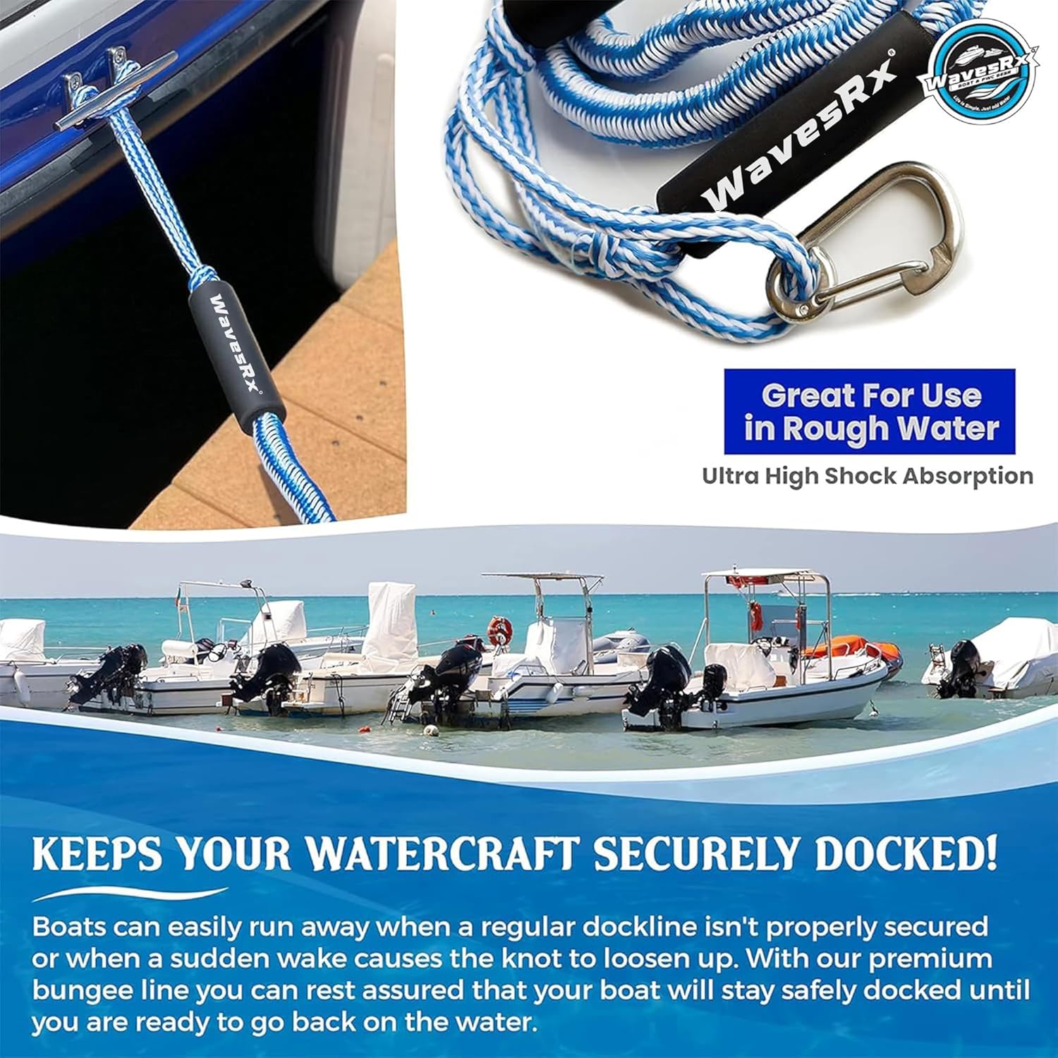 WAVESRX DockingPal - Premium Bungee Dock Line for Boats & PWC | Shock-Absorbing Elastic Mooring Rope for Safe Docking