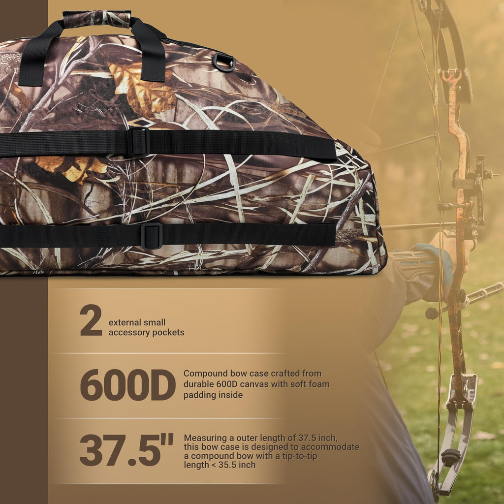 RQG Compound Bow Case, 37.5 inch Soft Bow Case for Compound Bow Bag Holder Lightweight with Multiple Pockets for Archery Hunting, Tip-to-Tip Length < 35.5in, Hand/Shoulder/Back Carry