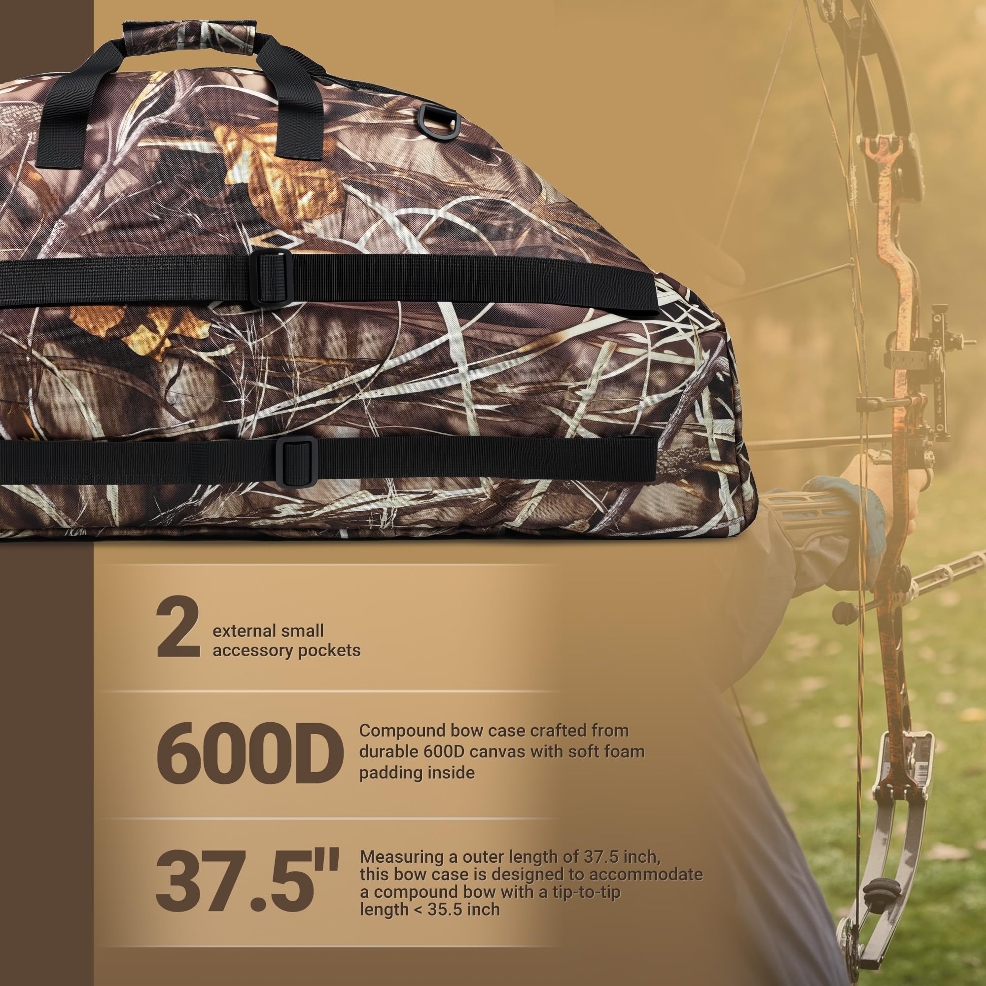 RQG Compound Bow Case, 37.5 inch Soft Bow Case for Compound Bow Bag Holder Lightweight with Multiple Pockets for Archery Hunting, Tip-to-Tip Length < 35.5in, Hand/Shoulder/Back Carry