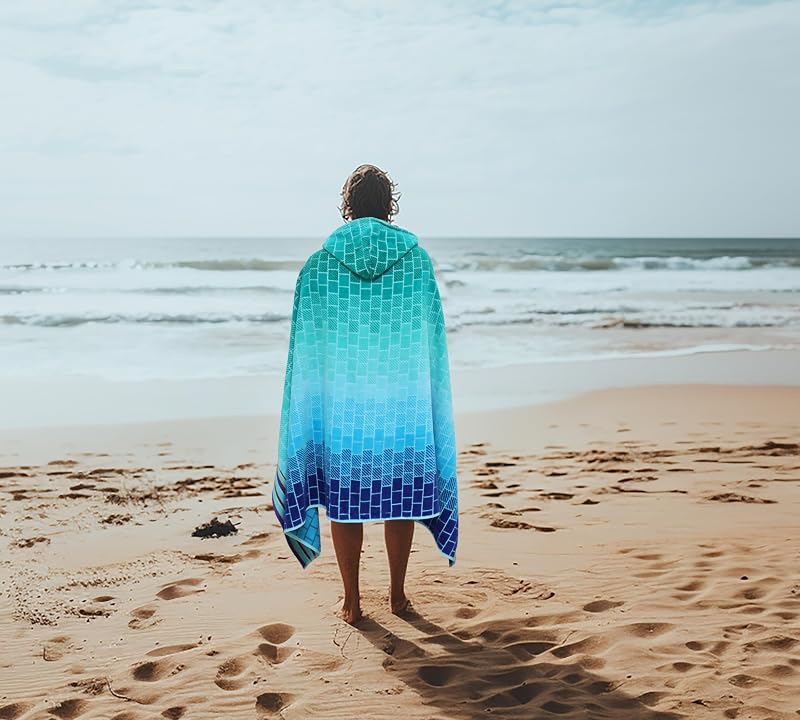 Hooded Beach Towel 39x68 Oversized 100% Cotton - Blue Tiles (1 Pack)