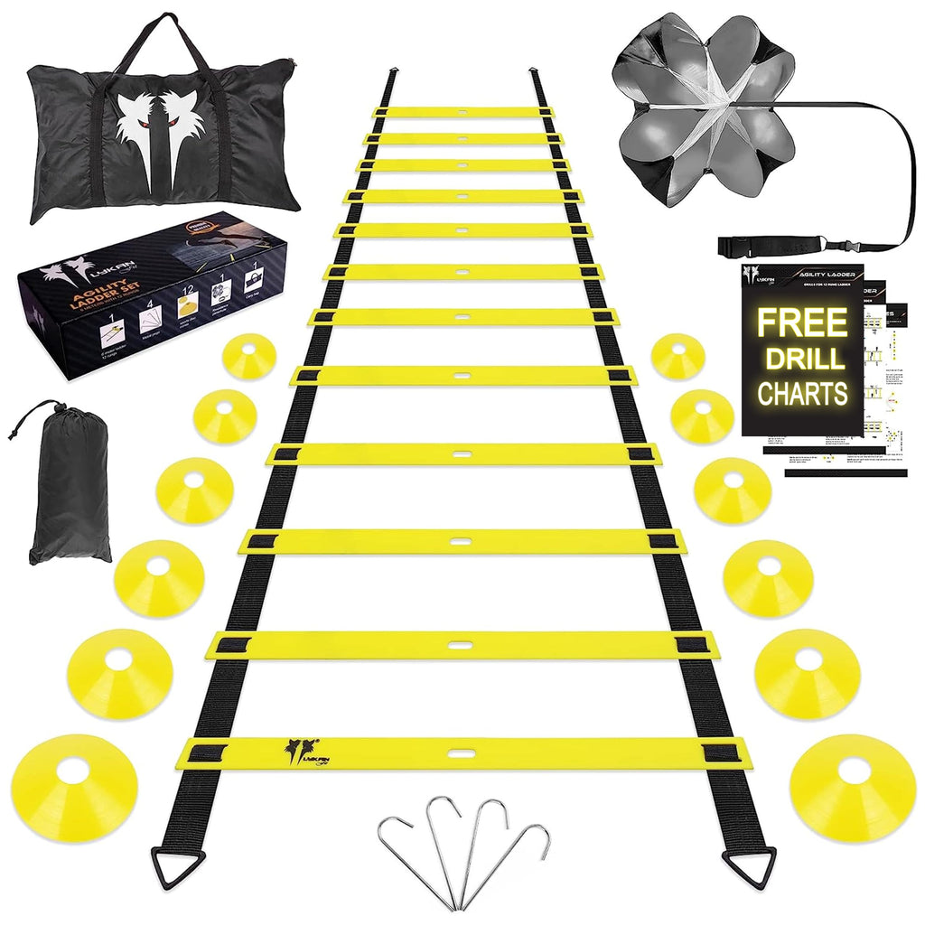 20ft Sports Agility Ladder for Men Women and Kids, Speed Youth Soccer Agility Training Equipment for football, exercise, Tennis, Legs Workout with Speed Parachute with, Cones and Carry Bag (Blue)