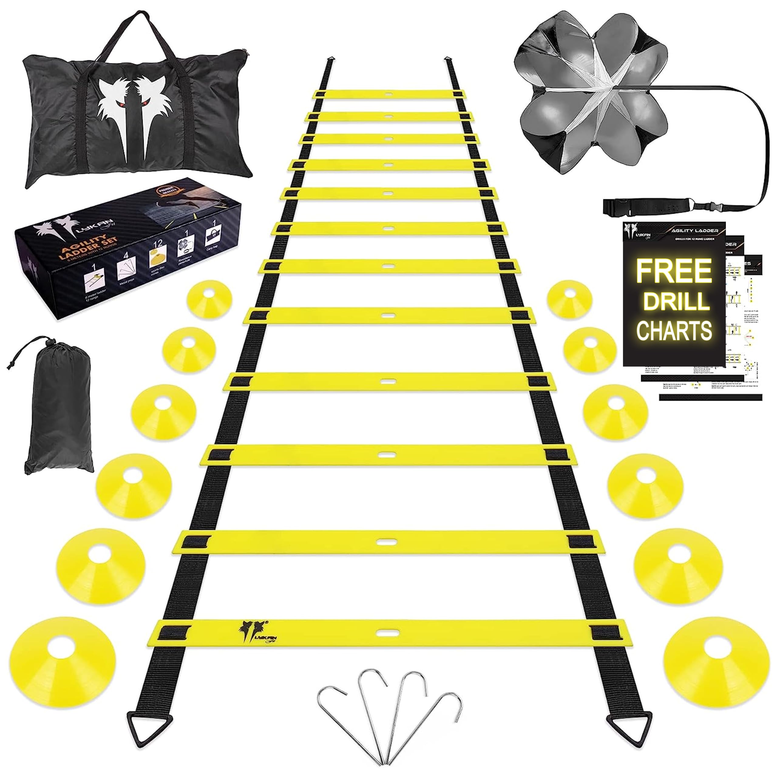 20ft Sports Agility Ladder for Men Women and Kids, Speed Youth Soccer Agility Training Equipment for football, exercise, Tennis, Legs Workout with Speed Parachute with, Cones and Carry Bag (Blue)