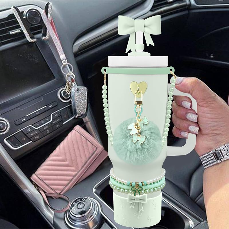11pc Stanley Cup Accessories Set – Light Green Variation 02: Bow Straw Cover, Pom Pom Keychain & Beaded Charms
