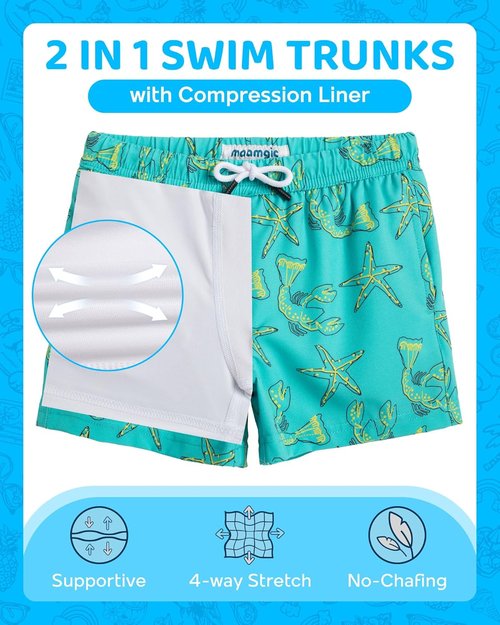 Maamgic Boys Swim Trunks - Quick Dry Compression Liner Bathing Suit | 4-Way Stretch Toddler Shorts