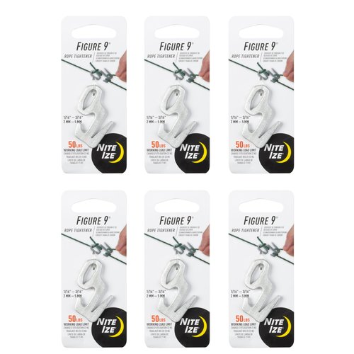 Nite Ize Figure 9 Rope Tightener - Aluminum Cord Tensioner - Camping Essentials & Hiking Must-Haves - Car Accessory with Laser-Engraved Instructions - Small (6 Pack)