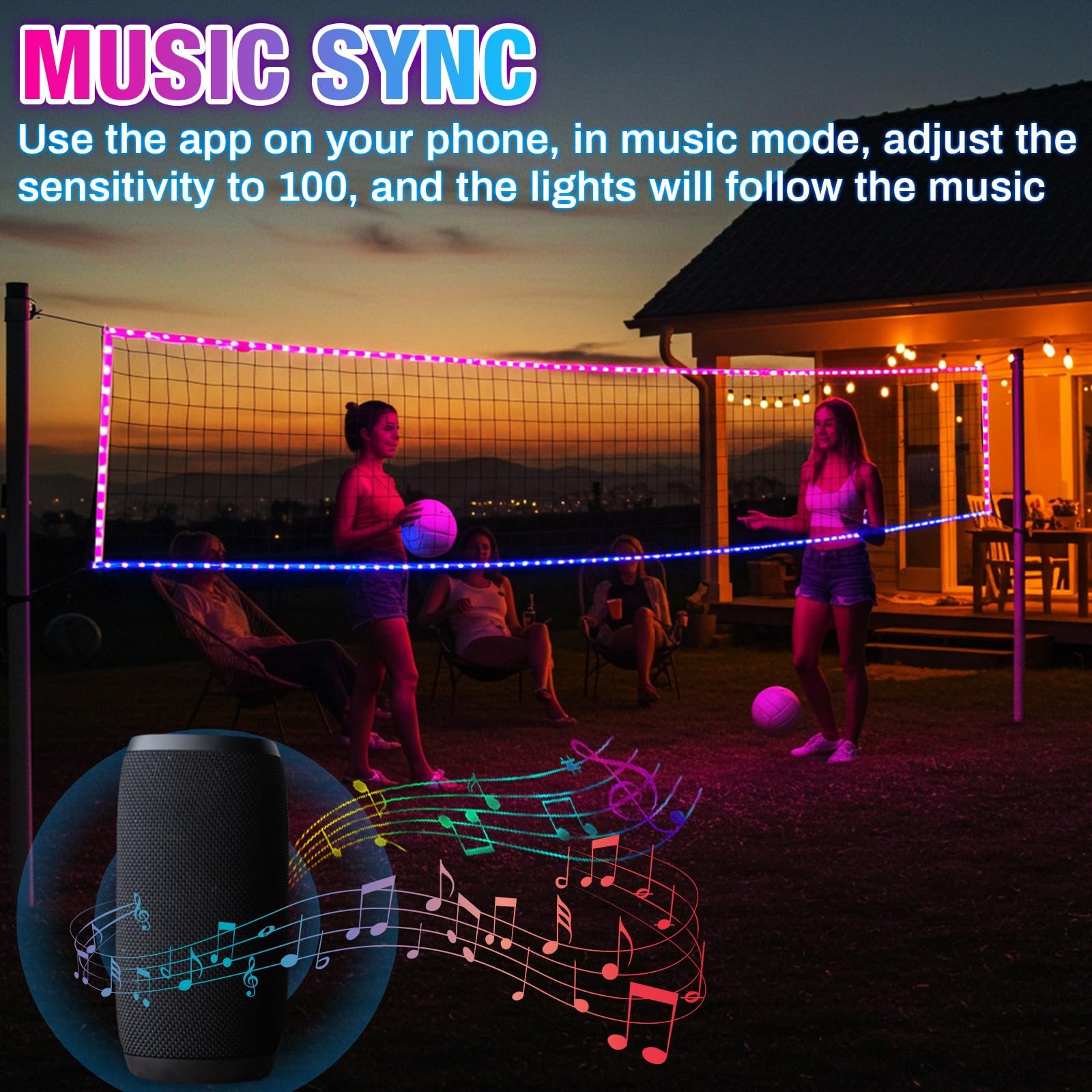 LED Professional Volleyball Net with Steel Cable 31.2x3.3ft Portable Light up Volleyball Net Outdoor with Remote Music Control Glow in The Dark for Backyard Beach Pool Game Outdoor
