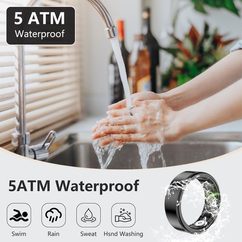 Thin Smart Ring for Fitness & Health Tracking -Pedometer,Sleep/Heart Rate/Blood Oxygen Monitor, Gesture Control / 5ATM Waterproof -No APP Subscription Compatible with Smart Phone (Black, 10)