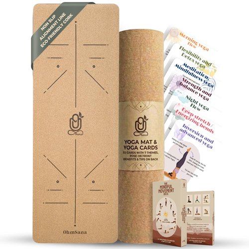 Ohmsana Natural Cork Yoga Mat with Alignment Lines and 55 Instructional Cards in 7 Themes for Beginner - Non-Slip Eco Friendly - 183x66x5mm for Home Workouts, Balance & Precision